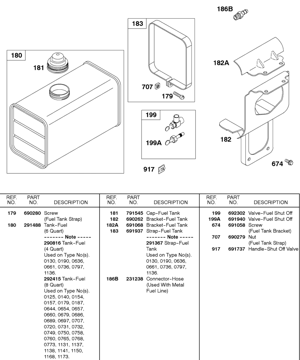 Fuel Tank, Brackets Diagram and Parts List for 243431-0768-XX  Briggs and Stratton Engine